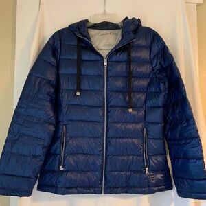 Calvin Klein royal blue packable lightweight down filled hooded jacket